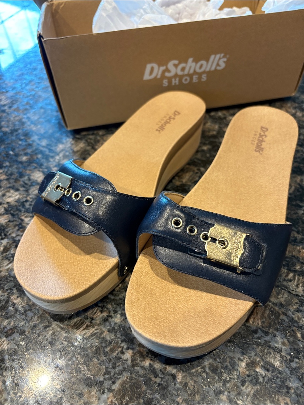 Dr. Scholl's original too Navy Slide Clogs with Gold Buckle 7 brand new in box